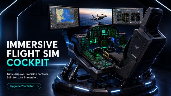 Air Quake Simulations immersive flight-sim cockpit — triple curved displays and HOTAS controls